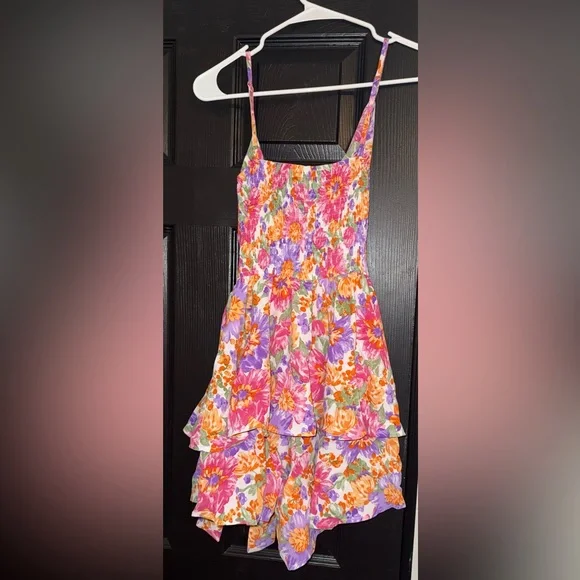 Floral Smocked Romper - Bodice with Tie Detail - Pink, Purple & Orange - Size S - Picture 3 of 6